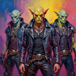 a portrait of apocalyptic scifi orcish biker characters, psychedelic vibrant colors, futuristic punk rock fashion, oil painting by michael whelan art, sharp focus, realistic, leather jacket, 8 k