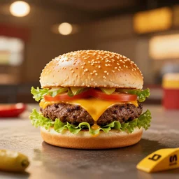 juicy burger from a fast food restaurant, depth of field, food photography, uplight, isometric, studio, bokeh, gmaster, cooking, food, kodak, sony, canon