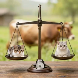 set of balance scales with weights, libra, weighing cow and cat