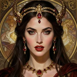 portrait of megan fox as a vampire queen, jewelry, greek, ruby, intricate, headshot, highly detailed, digital painting, artstation, concept art, sharp focus, cinematic lighting, illustration, art by artgerm and greg rutkowski, alphonse mucha, cgsociety
