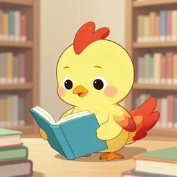 a cute adorable phoenix fledgling learning to read in a library #anime #cartoon