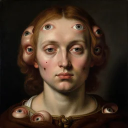 symmetrical portrait of beautiful man covered with eyes inside holes, embryos, by hieronymus bosch, lucid dream - like heavy atmosphere, baroque painting, perfect composition, detailed octane render trending on artstation, 8 k artistic photography, volumetric cinematic perfect light, chiaroscuro, masterpiece, raphael, caravaggio, beksinski, rutkowski