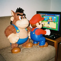 a photo made with a disposable camera of Donkey Kong sitting next to Super Mario on the couch while playing a video game