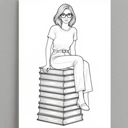 clean black and white line art of a woman with light brown hair and glasses sitting on top of a tall pile of books. well composed, clean coloring book page, beautiful detailed face. coloring book line art by artgerm and greg rutkowski and alphonse mucha