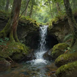small water stream flowing out of a cave opening in the middle of a forest, fantasy, art by greg rutkowski