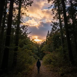1 9 9 0 s candid 3 5 mm photo of a beautiful forest in tokyo, cinematic lighting, cinematic look, golden hour, the clouds are epic and colorful with cinematic rays of light, a boy walks down the center of the forest with a beanie on, photographed by petra collins, uhd