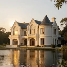 a modern country house on the lake, golden hour, spotlight, backlight, sunlight, volumetric light, ray tracing reflections, insanely detailed and intricate, hypermaximalist, elegant, ornate, hyper realistic, super detailed