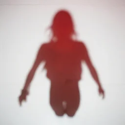red light from above defines the shape of her shadow on the white marble floor below