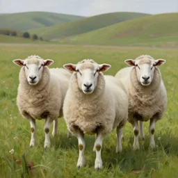 three sheep in a field of grass, among the hills, highly detailed, deep focus, photorealistic oil painting, smooth, sharp focus, ultra realistic, 8 k