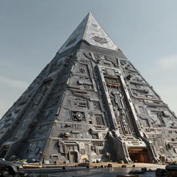 3 d sculpt of massive pyramid, cyberpunk'scifi digital movie camera pyramid'' maschinen krieger'' power station pyramid'complex industrial military building facade, halo, star wars, ilm, star citizen halo, mass effect, high tech industrial, artstation unreal
