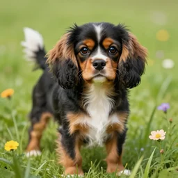 portrait of a terrier, short tricolor coat, terrier cavalier cross, surrounded by grass and flowers, art by artgerm