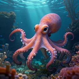 dramatic and happy octopus swimming in an octopus'garden under the sea in the shade. trending on cgsociety, happy atmosphere, volumetric lighting, unreal engine, exaggerated detailed, 3 5 mm lens,