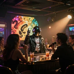 rundown cyberpunk bar, daft punk singing singing karaoke