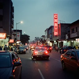 cinestill 8 0 0 t photograph of a neon lit - lagos urban street - in nigeria - with hovercraft trafic,