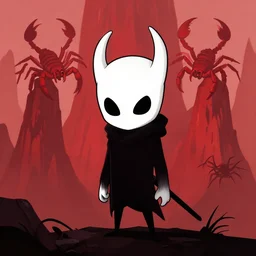 horror art, hollow knight, red peaks with scorpion in the background, art by greg rutkowski
