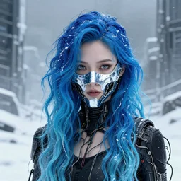 highly detailed portrait of wasteland wavy blue hair metalic frost cyber ninja mask thin lady, stray wiring by atey ghailan, james gilleard, by joe fenton, by greg rutkowski, by greg tocchini, by kaethe butcher, 4 k resolution, gradient blue, cyan, black and white color scheme!!! ( ( snowy glaciated robotic dystopian city background ) )