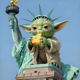 oil painting of Yoda eating cheese on top of the Statue of Liberty