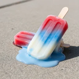 red, white, and blue popsicle melting on the sidewalk, midday, highly detailed, realistic,