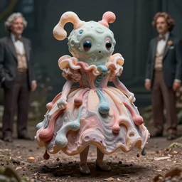absurdist wiggly blob in a dress, highly detailed, cam de leon & john j. park, cinematic light, thomas kinkade, medium shot, ground angle, uhd 8 k, shallow depth of field
