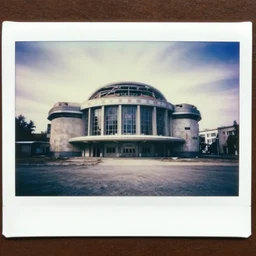 old polaroid of a retro futuristic destroyed communist theatre, desolate, award winning, wide angle,