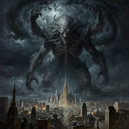 an ultradetailed landscape painting of cthulu descending from space, looming ominous over a city, dark thunderstorm, lovecraftian horror, cosmic horror, intricate detail, cinematic, 8 k, cel shaded, volumetric lighting, octane render, art by greg rutkowski, jeong seon, alphonse mucha, albert bierstadt