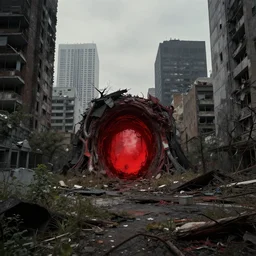 wide shot of an overgrown post-apocalyptic city, with a demonic red portal opening in the center, Nikon D3500