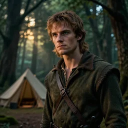 close up cinematic artwork of Robin Hood at his camp in Sherwood forest, dusk, sun rays through the trees by Greg Rutkowski, 4k, masterpiece