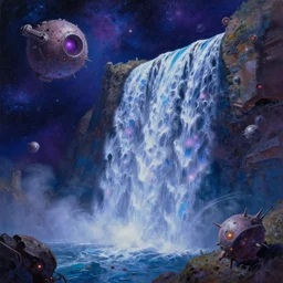 !! waterfall !! in asteroid field, purplish blueish space with stars and cosmos in background, ultra detailed, high quality, sharp, artstation award winner, oil painting, digital painting, 8k, vibrant, ultra detailed water