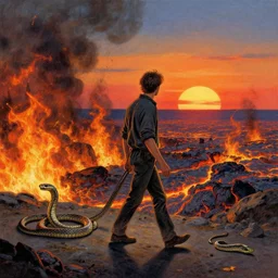a men walking with a snake, through hell, fire, lava, sunset, by greg rutkowski and thomas kinkade and christophe vacher