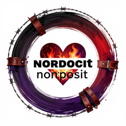 circular minimalist nonprofit logo. sensual, curving black, red, and purple brushstrokes on a circular background. motifs such as heart, fire, barbed wire, leather straps, thorns, love, community, danger, dungeon.