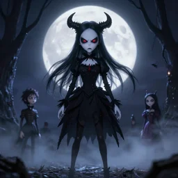 full shotof angry darkness cute anime girl at moonlight, gothic wearing, inspired by Tim Burton, Norihiro Yagi, Marc Simonetti, Amano, Juri Misaki, detailed, unreal engine 4k volumetric light, fog,