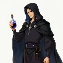 tall hooded male aasimar alchemist, ear - length raven - black hair, holding a bottle of poison, artstation, cartoon, elegant, highly detailed, digital painting, concept art, smooth, sharp focus, illustration, art by ghibli, makoto shinkai, don bluth, fujita goro, jean giraud, atey ghailan, akihiko yoshida, tom whal