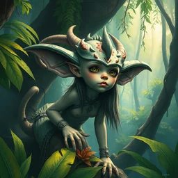 goblin girl in the tropical rainforest biome. highly detailed, digital painting, watercolor, soviet realism, engraving, artstation, concept art, smooth, sharp focus, vivid grunge, manga, illustration, unreal engine 5, 8 k, art by bilibin and kilian eng and kuvshinov and malevich and mucha