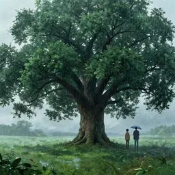 A landscape with a giant oak tree in a rainstorm, Low level, rendered by Beeple, Makoto Shinkai, syd meade, simon stålenhag, environment concept, synthwave style, digital art, unreal engine, WLOP, trending on artstation, 4K UHD image, octane render,