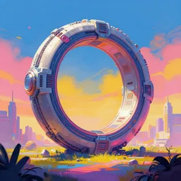 vibrant vivid stylish sci fi digital landscape painting with giant cybernetic ring