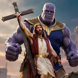 jesus christ defeating thanos, using his cross as weapon, photorealistic, cinematic lighting, extremely detailed, marvel cinematic universe