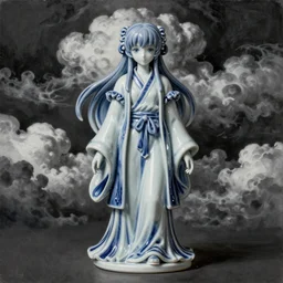 By Tom Bagshaw, ultra realist soft painting of an anime porcelain miniature fully dressed figurine, curiosities, symmetry accurate features, very intricate details, ominous sky, black and white, volumetric light clouds