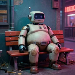 vintage phto of a fat robot sitting alone in a streetbench, diezelpunk, cyberpunk, stray, neon lights