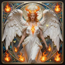 phoenix angel in white dresses of fireflies and flameches, symmetrical facial features, flames stainglass and moonlight background, intricate, elegant, highly detailed, digital painting, artstation, concept art, matte, sharp focus, illustration, intricate art nouveau frame, art by Artgerm and Greg Rutkowski and Alphonse Mucha