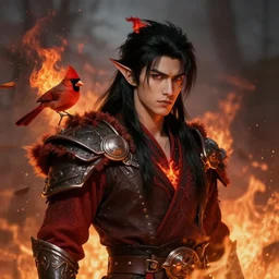 wildfire druid portrait d & d male black hair with red flame cardinal