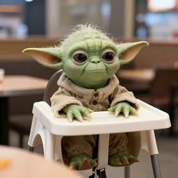 yoda sitting in a high chair at a table at mcdonald's, annoyed, 3 5 mm, f / 2. 8
