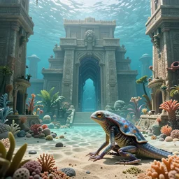 ultra realistic, cyperpunk, alien, water, amphibian, alien world, submerged, aquatic, aztec architecture, advanced, coral, sand, peaceful, bright, harmony, prosperity, alien plants, temple, portal, star gate, alien flora and fana