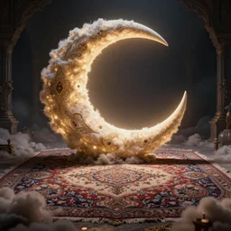 epic crescent in a magic fluffy persian carpet dimension, by greg rutkowski and gaston bussiere, dim lighting, beautiful volumetric - lighting - style atmosphere, surreal atmosphere, intricate, detailed, photorealistic imagery, trending artstation