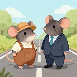 two mice arm in arm on a road. one is dressed like a farmer. the other is dressed in a suit. illustration.