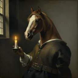 Painting of a horse wearing peasant clothing, holding a lit candle in the dimly lit room, by Johannes Vermeer