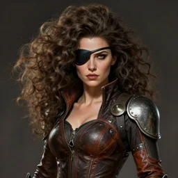 female bounty hunter with eyepatch and voluminous hair, leather and metal outfit, Mark Edward Fischbach, intricate, highly detailed, digital painting, artstation, concept art, smooth, sharp focus, illustration, Unreal Engine 5, 8K, art by artgerm and greg rutkowski and alphonse mucha