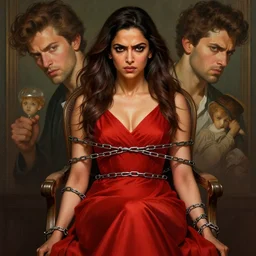 deepika padukone, in a red dress, bound with a chair, realistic portrait, symmetrical, angry face, tied with chains, highly detailed, digital painting, artstation, concept art, smooth, sharp focus, illustration, cinematic lighting, art by artgerm and greg rutkowski and alphonse mucha