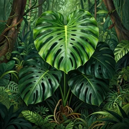 a full monstera deliciosa plant in the jungle by syd mead, intricate, hard lines, elegant, jungle, highly detailed, centered, digital painting, artstation, concept art, smooth, sharp focus, illustration, artgerm, syd mead