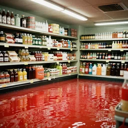 “film photo of a vintage grocery store flooded with bright red liquid, Fujica GW690 Kodak Portra 160 medium format”