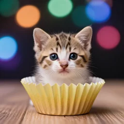 A tiny kitten in a paper cupcake liner, macro photography, bokeh, vibrant, award-winning